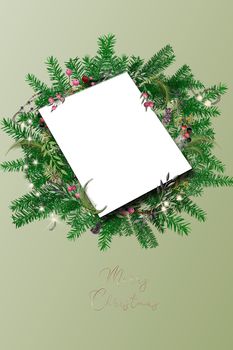 Christmas wreath with lights, text Merry Christmas, on pastel green background. Mock up place for text, 3D illustration
