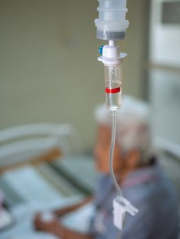 Close up saline solution drip for patient in hospital. Health and medical equipment.