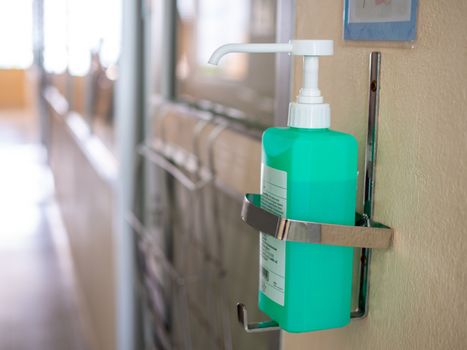 Pump bottle for hand sanitizer in hospital For hygiene During the outbreak of the coronavirus. Health care and sanitary concept.