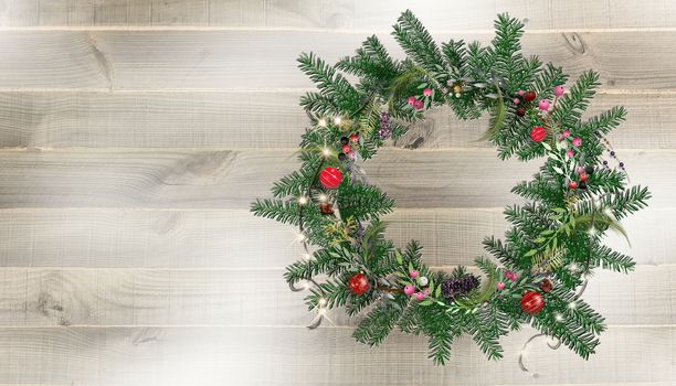 Christmas wreath with festive ornaments on rustic wooden background. Realistic 3D illustration. COpy space.