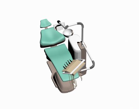 green dentist chair with table and instruments