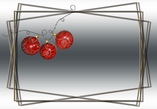 Christmas New Year background. Hanging realistic red balls in gold frame. Copy space. 3D illustration