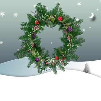 Christmas wreath over winter landscape background with snow. 3D illustration