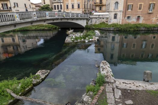 rieti,italy october 02 2020:Roman bridge in the velino river in the city of rieti