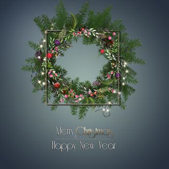 Christmas wreath for festive winter design. Blue pastel background. Text Merry Christmas Happy New Year. 3D illustration