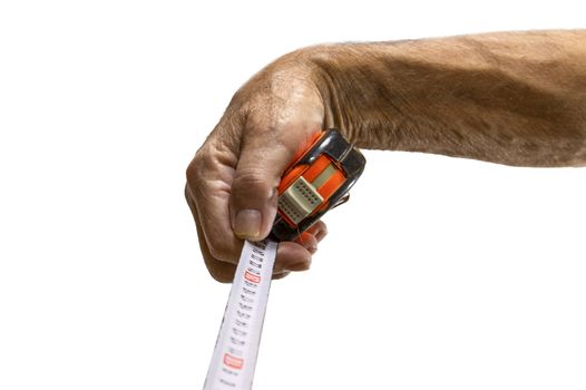 Hand holds tape measure isolated against white background