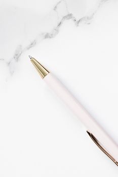 White pen on marble background, luxury stationery and business branding