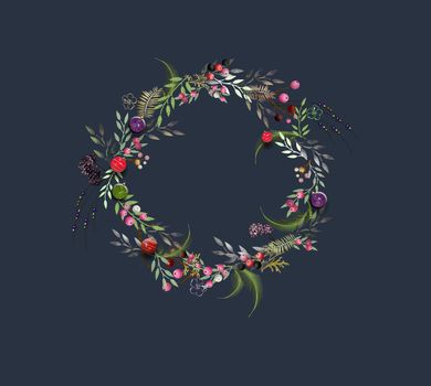 Christmas modern wreath on blue background. Holiday floral 3D illustration for design, print, template