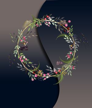Christmas wreath with floral design on blue background. 3D illustration. VIntage style holiday floral
