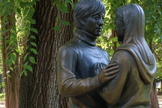 Namiseom,South Korea 1 July 2018: Famous statue of Winter Sonata actor and actress in Nami Island. This Korean tv drama filming primarily took place on the resort island of Namiseom.