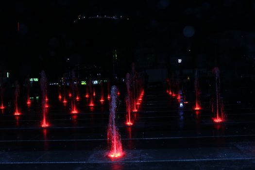 Beautiful and colorful light water fountain in night view. colorful water shape on fountain with black background.