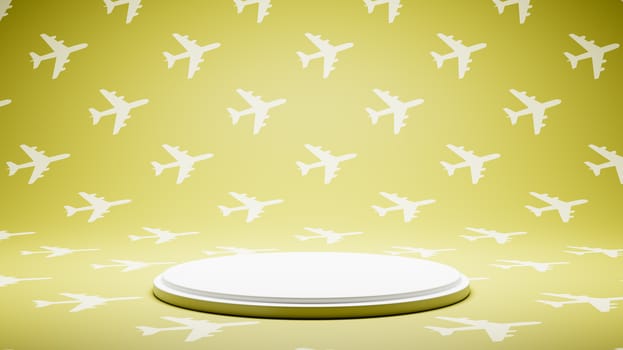 Empty White Platform on White and Yellow Airplane Shape Pattern Studio Background 3D Render Illustration