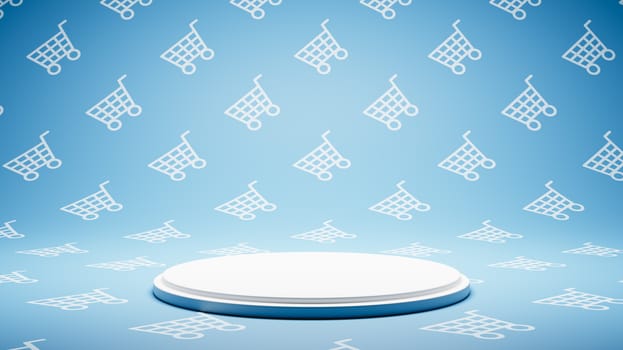 Empty White Platform on White and Blue Shopping Cart Shape Pattern Studio Background 3D Render Illustration