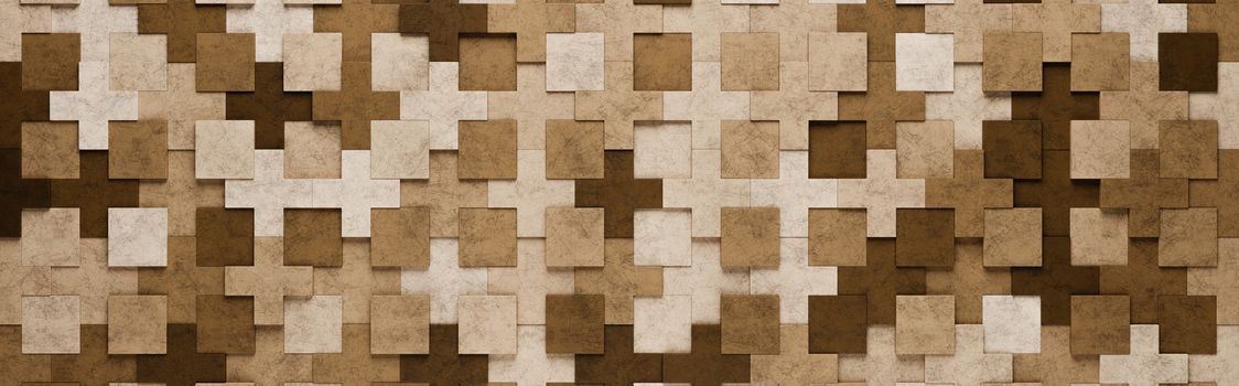 Wall of Brown Squares and Crosses Tiles Arranged in Random Height 3D Pattern Background Illustration