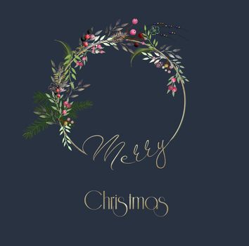 Christmas wreath, garland on blue background in 3D illustration. Greeting card, festive background. Gold Text Merry Christmas.