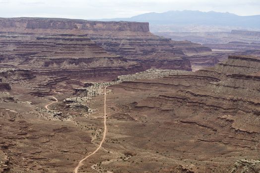 Dark weather over Shafer Canyon, Canyon Lands National Park, Utah.