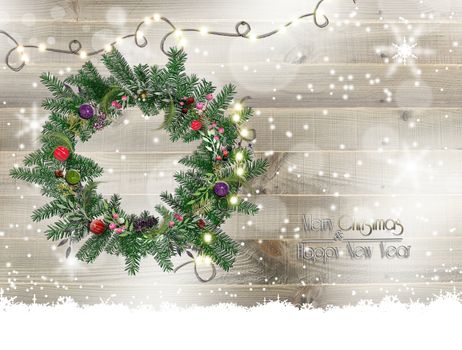 Christmas holiday over wooden background. Christmas wreath on rustic wood. Banner, card, postr. Copy space. 3D illustration