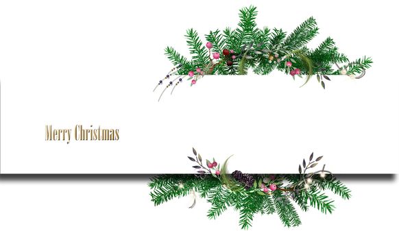 Christmas background with winter festive wreath on white background. Design for Christmas New Year banner, card. 3D illustration