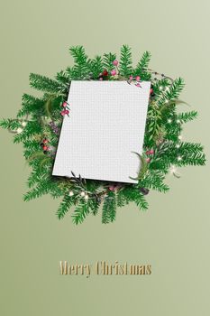 Christmas fir wreath background with glowing lights on pastel green background. Mock up, Place for text. 3D illustration