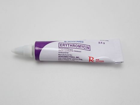MANILA, PH - SEPT 25 - Sensomed erythromycin ointment tube on September 25, 2020 in Manila, Philippines.