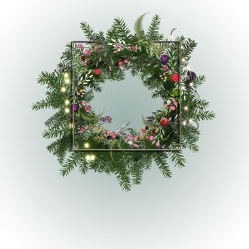 Christmas wreath with floral design and Christmas balls on pastel background. 3D illustration. VIntage style holiday floral