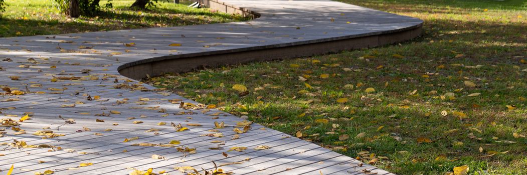 Pedestrian path made with wooden planks on the floor. A path in the autumn Park for walking. Selective focus.