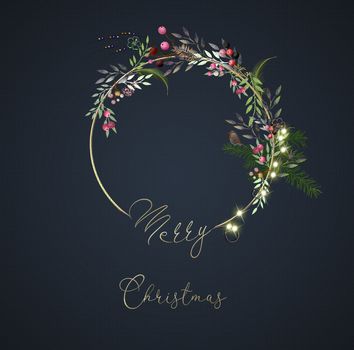 Magic abstract 3D Illustration of floral Christmas wreath. Gold text Merry Christmas.