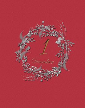 Minimalist festive Christmas Wreath design in silver colour and text 1 December on red background. 3D illustration