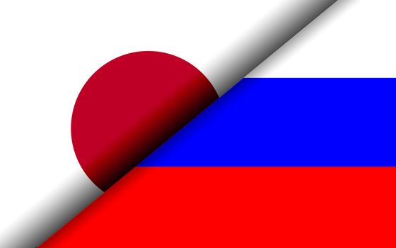 Flags of the Japan and Russia divided diagonally. 3D rendering