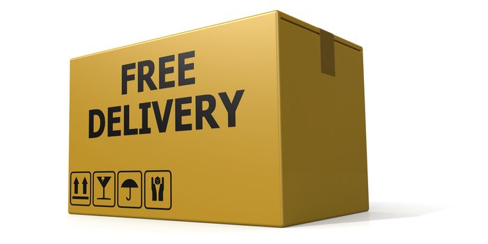 Free delivery text on the cardboard box isolated, 3D rendering