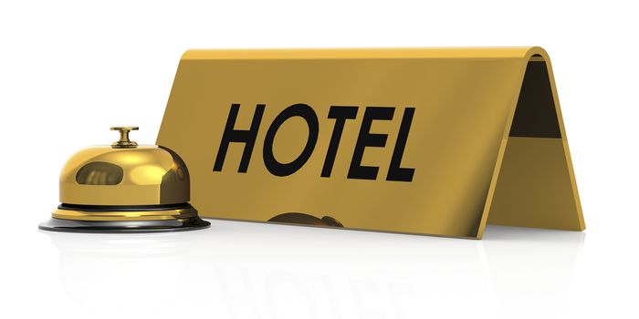 Golden bell with hotel sign, 3D rendering