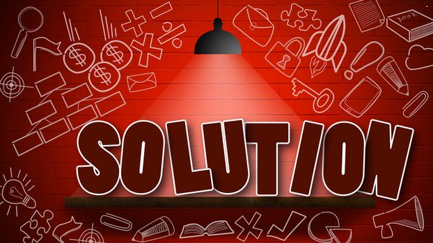 Solution word for success concept with lamp on the wall. 3d rendering