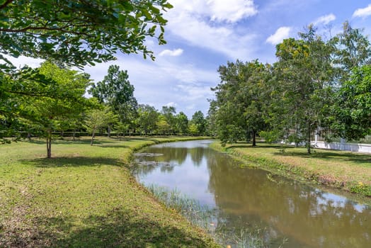 Garden park meadow with river and blue sky and white cloud