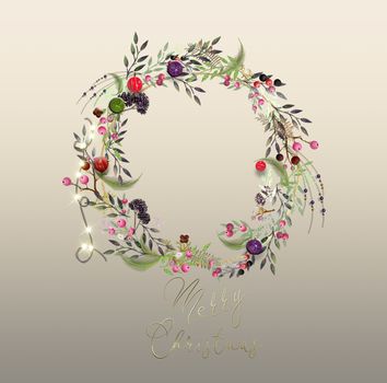 Floral Christmas wreath with lights on pastel background. Place for text. 3D illustration. Elegant design for card, weddings, invitation, tags, template