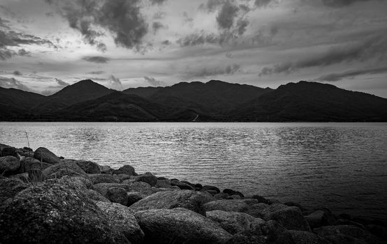 View of landscape nature in sky and cloud storm and river in stormy rain season, Black and white and monochrome style