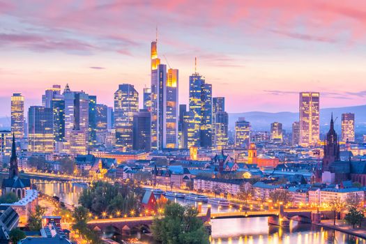 View of Frankfurt city skyline in Germany at twilight from top view