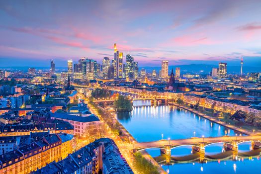 View of Frankfurt city skyline in Germany at twilight from top view