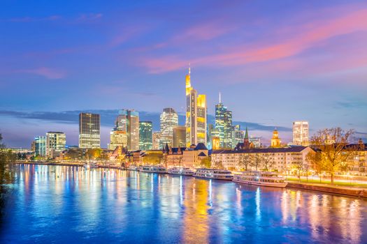 View of Frankfurt city skyline in Germany at twilight from top view