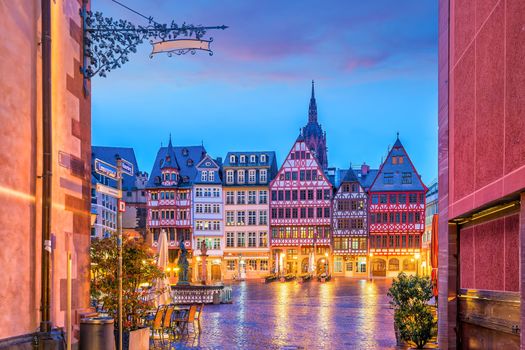 Old town square romerberg in Frankfurt, Germany at twilight