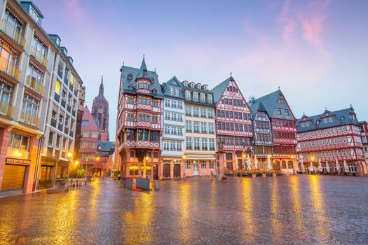 Old town square romerberg in Frankfurt, Germany at twilight