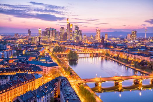 View of Frankfurt city skyline in Germany at twilight from top view