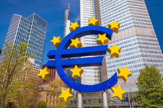 Famous euro sign in Frankfurt am Main with wide-angle shot daytime