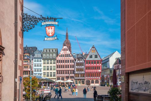 FRANKFURT AM MAIN, GERMANY - April 17, 2019: Romerberg square with old houses. Romerberg is the central square of the Frankfurt am Main.