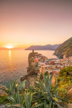 View of Vernazza at sunset. One of five famous colorful villages of Cinque Terre National Park in Italy