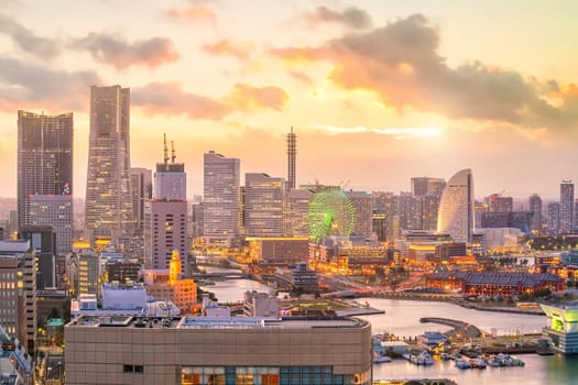 Yokohama city skyline at sunset in Japan