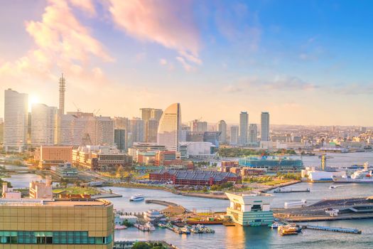 Yokohama city skyline at sunset in Japan