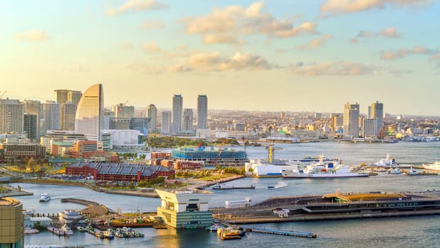 Yokohama city skyline at sunset in Japan