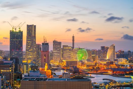 Yokohama city skyline at sunset in Japan