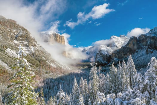 Beautiful view of yosemite national park winter season in California, USA