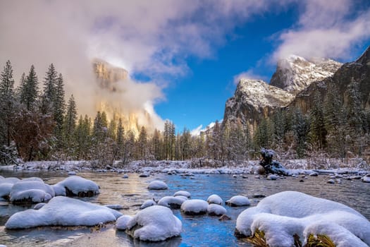 Beautiful view of yosemite national park winter season in California, USA